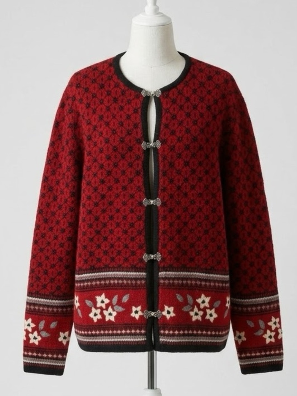 Woolrich Vintage 100% Wool Nordic Floral Cardigan Pewter Clasp Sweater Size L